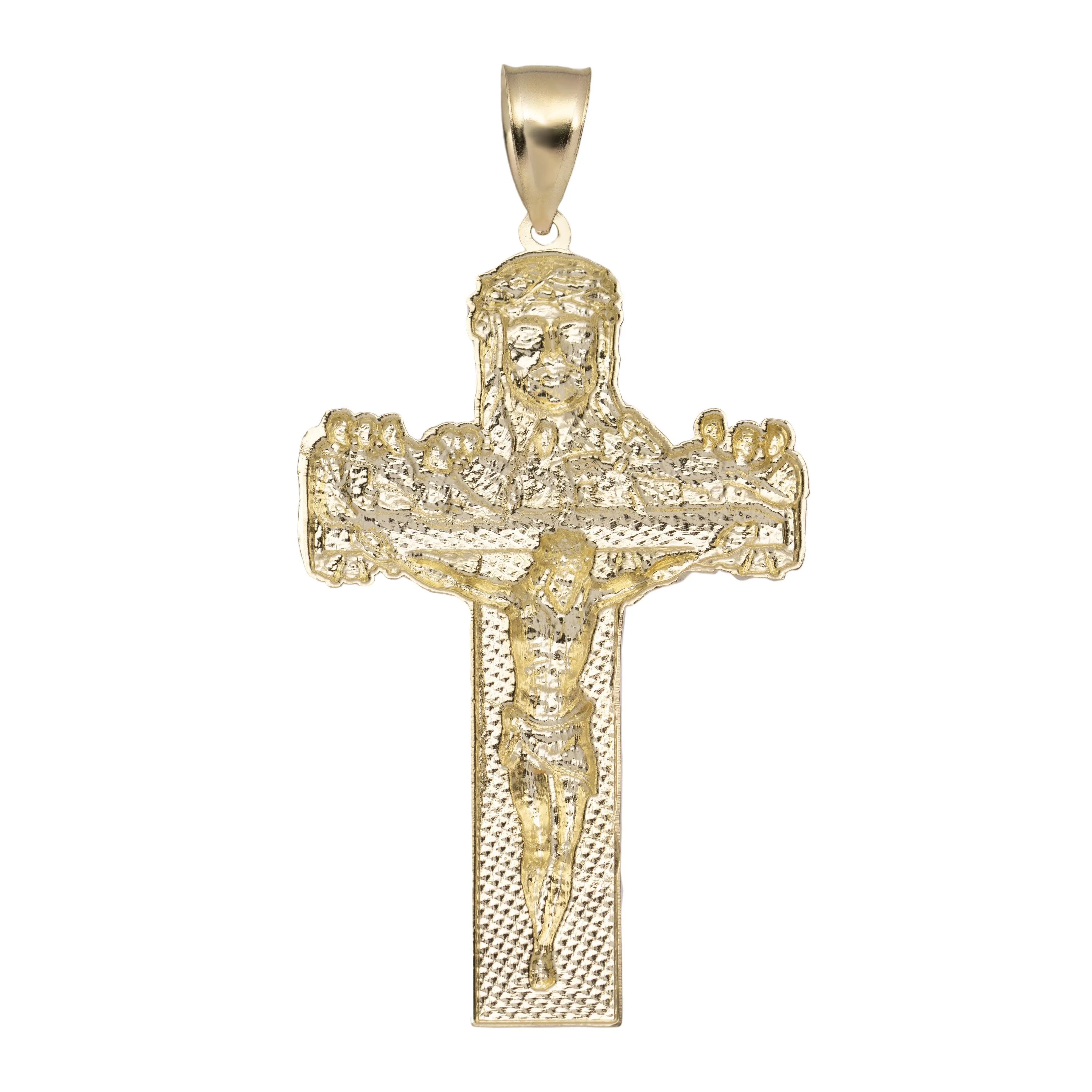 Jesus Crucifix Cross Last Supper Diamond Cut Pendant 10K Yellow Gold