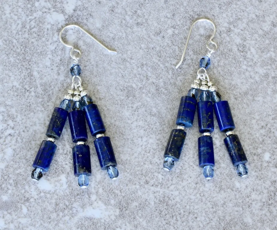 Lapis Lazuli Cylinder Bead 3-Dangle Earrings with Czech Glass and Sterling Silver