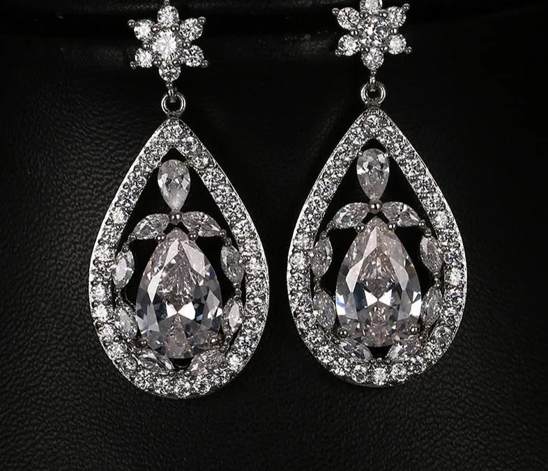 Large Water Drop Shape Flower Crystal Wedding Earrings