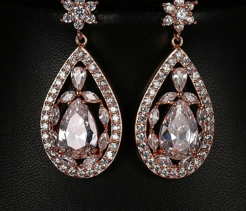 Large Water Drop Shape Flower Crystal Wedding Earrings