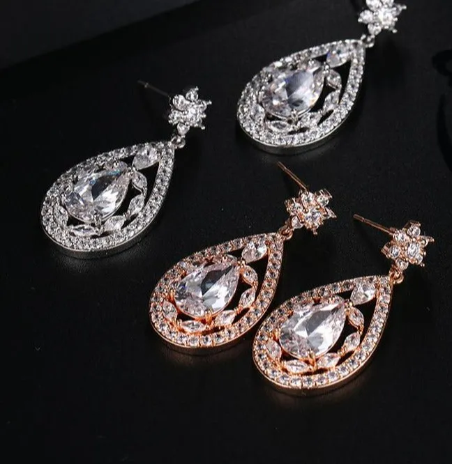 Large Water Drop Shape Flower Crystal Wedding Earrings