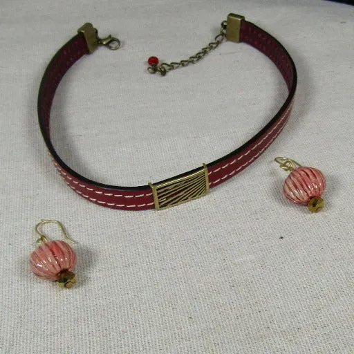 Leather Chocker in Marron with Beaded Earrings Jewelry Set