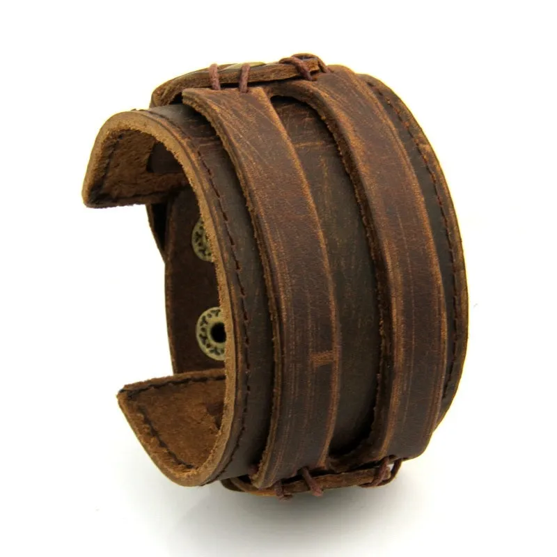 Leather Cuff Double Strap Wide Bracelet