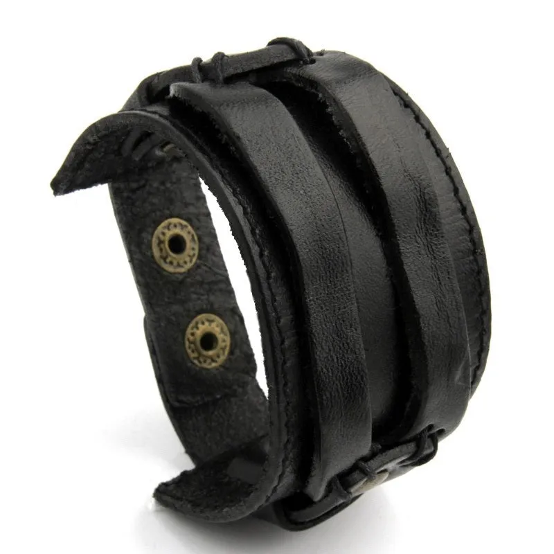 Leather Cuff Double Strap Wide Bracelet