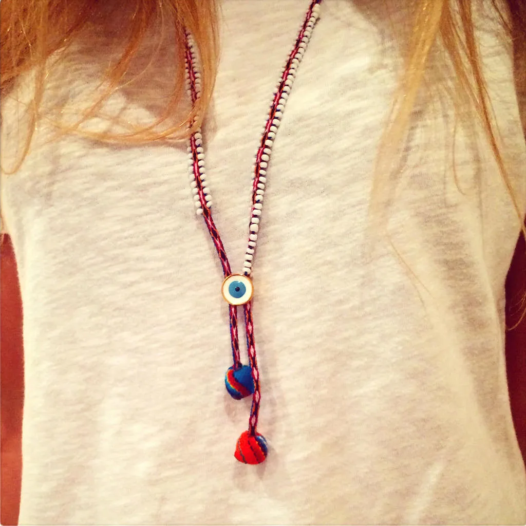 Lima Evil Eye Pompom Beaded Cord Necklace