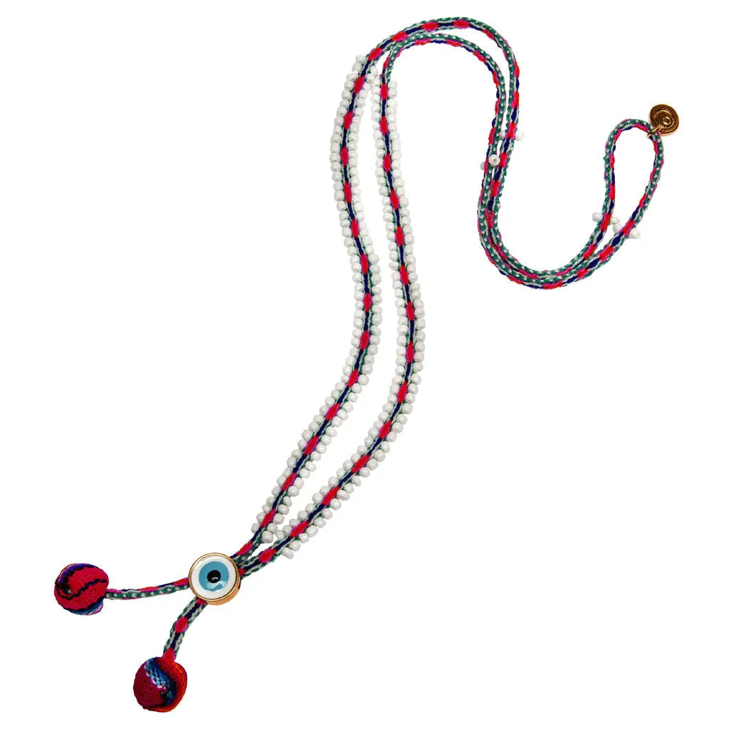 Lima Evil Eye Pompom Beaded Cord Necklace