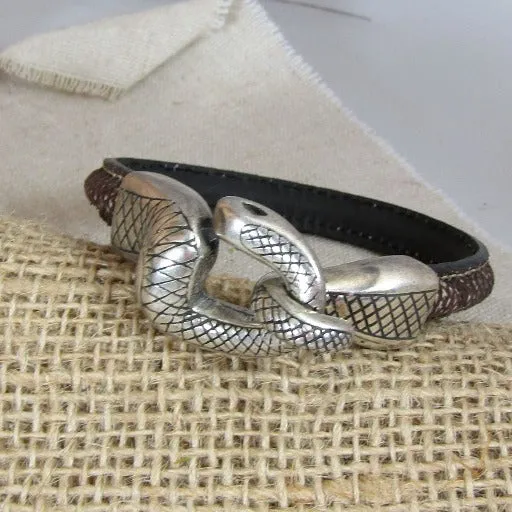 Man's Snake Head Brown Leather Bracelet