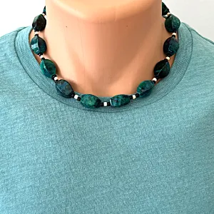 Mens Green Turquoise Twisted Oval Beaded Necklace