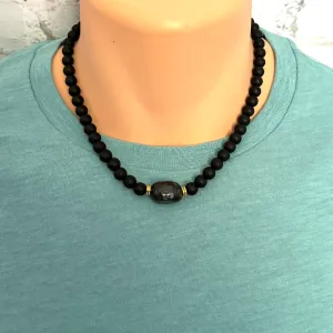 Mens Matte Black Onyx and Serpentine Nugget Beaded Necklace