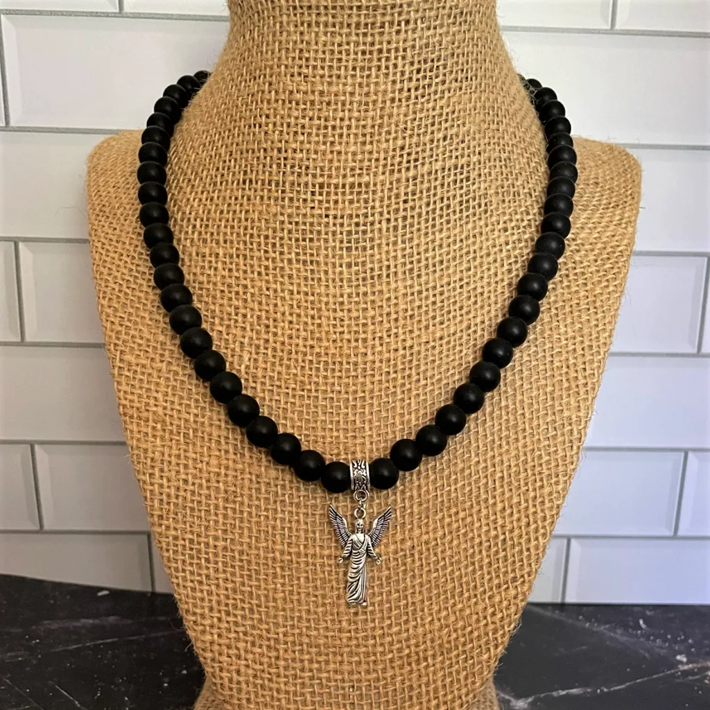 Mens Matte Black Onyx and Silver Arc Angel Beaded Necklace