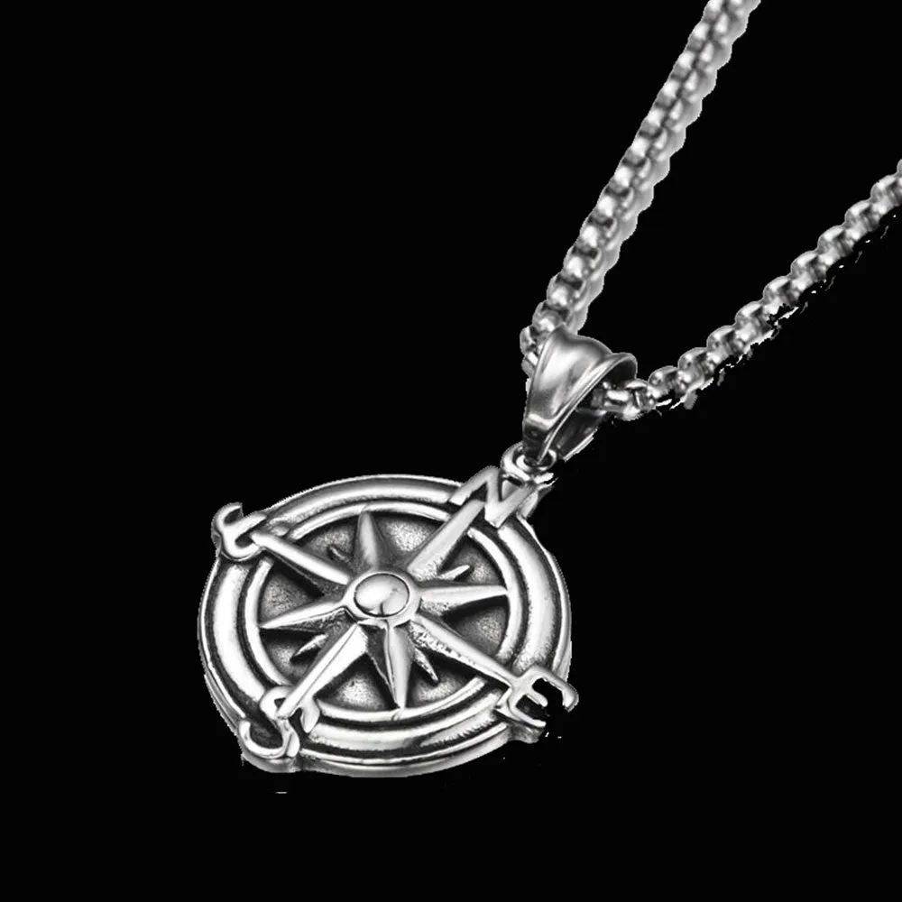 MINIMAL VINTAGE COMPASS PENDANT BOX CHAIN NECKLACE