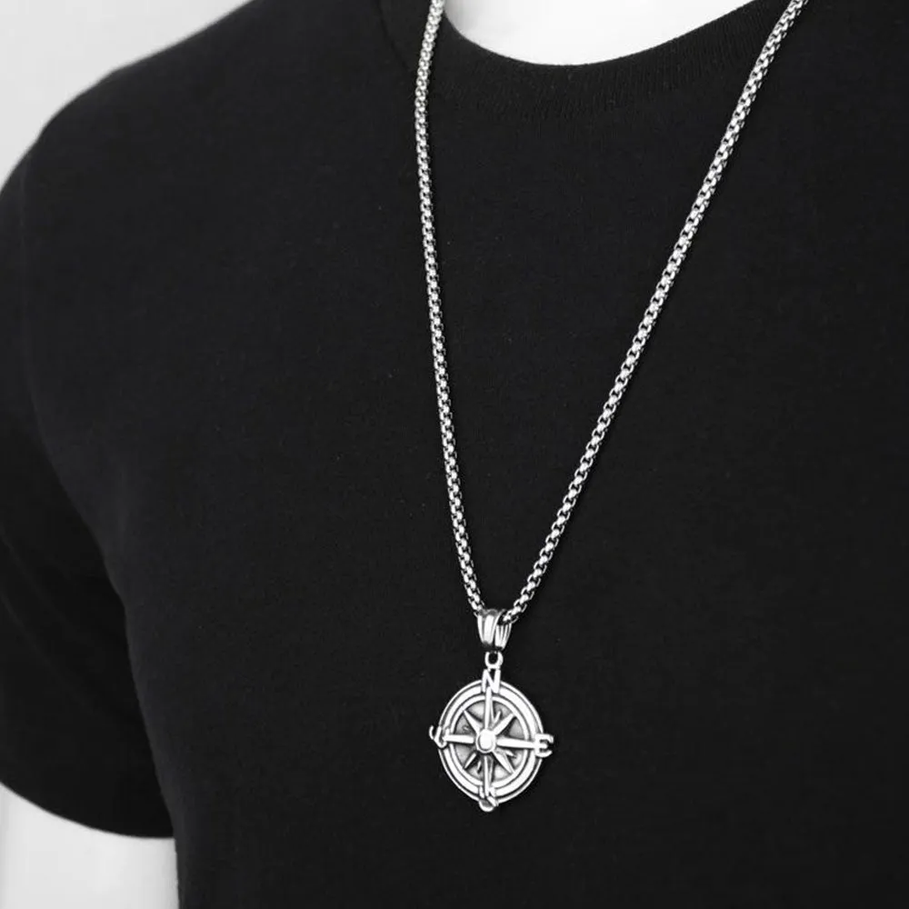 MINIMAL VINTAGE COMPASS PENDANT BOX CHAIN NECKLACE