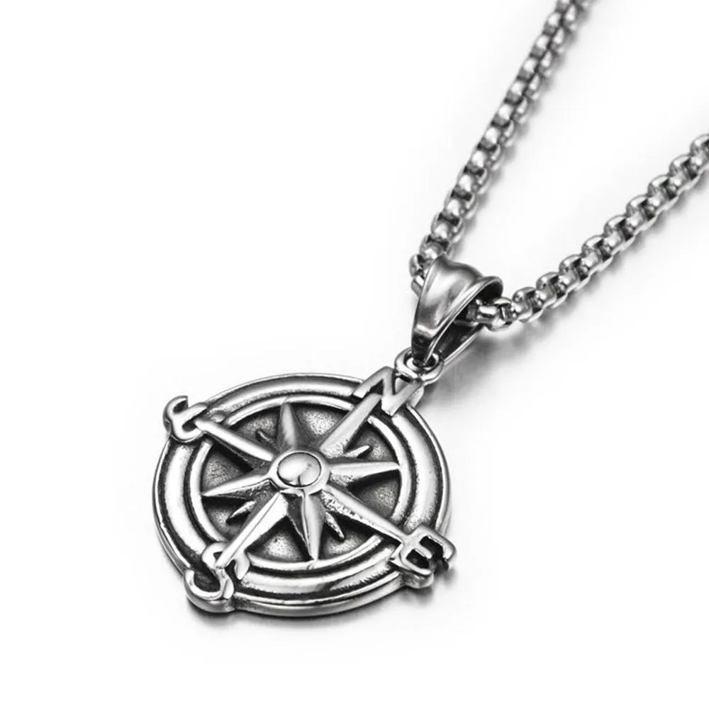 MINIMAL VINTAGE COMPASS PENDANT BOX CHAIN NECKLACE