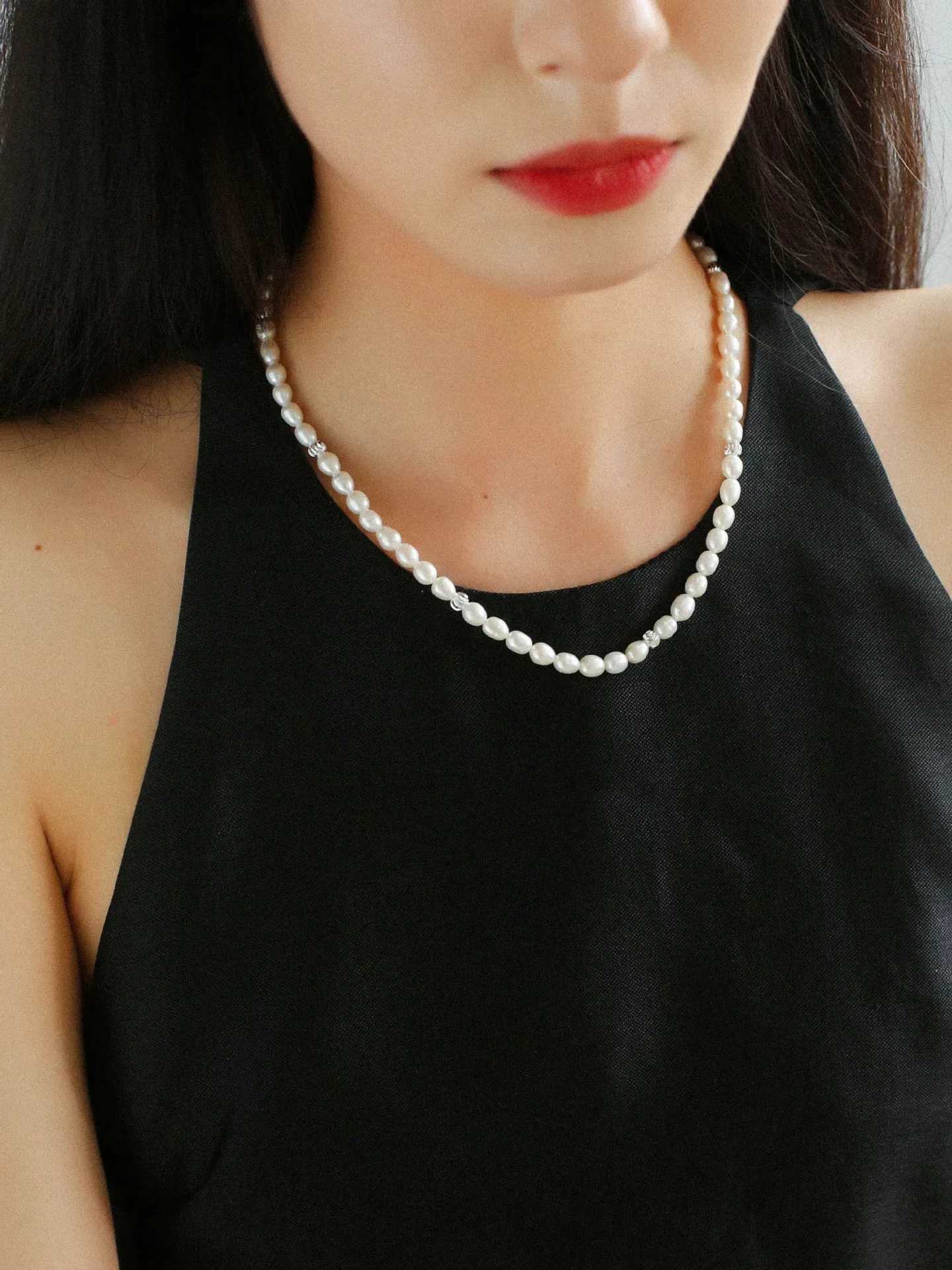 Minimalist Rice Freshwater Pearl Silver Bean Necklace-Rice Pearl