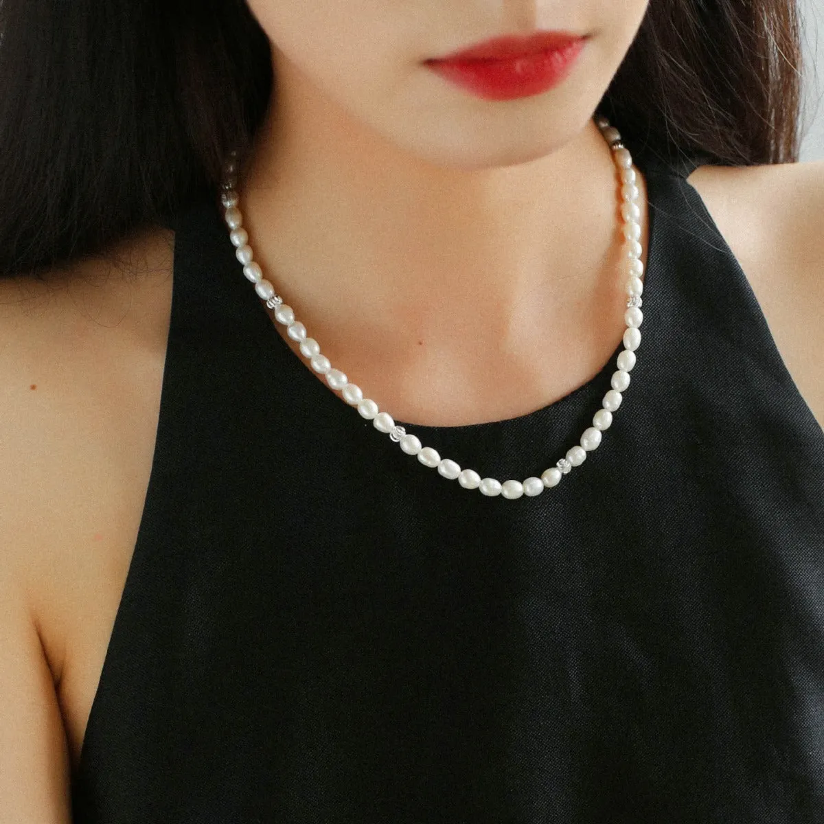 Minimalist Rice Freshwater Pearl Silver Bean Necklace-Rice Pearl