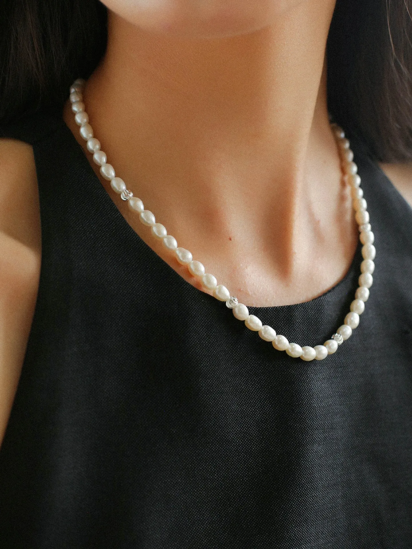 Minimalist Rice Freshwater Pearl Silver Bean Necklace-Rice Pearl