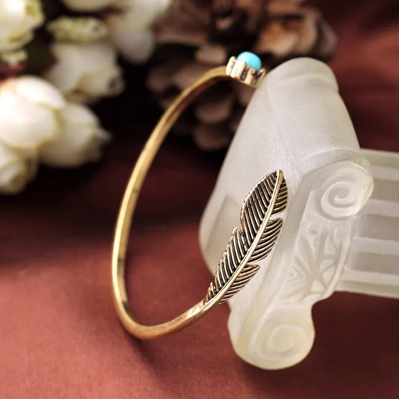 New Items Alloy Feather Antique Gold Filled Classic Vintage Bracelet Bangle