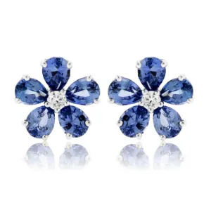 Pear Sapphire Flower with Diamond Accent Stud Earrings