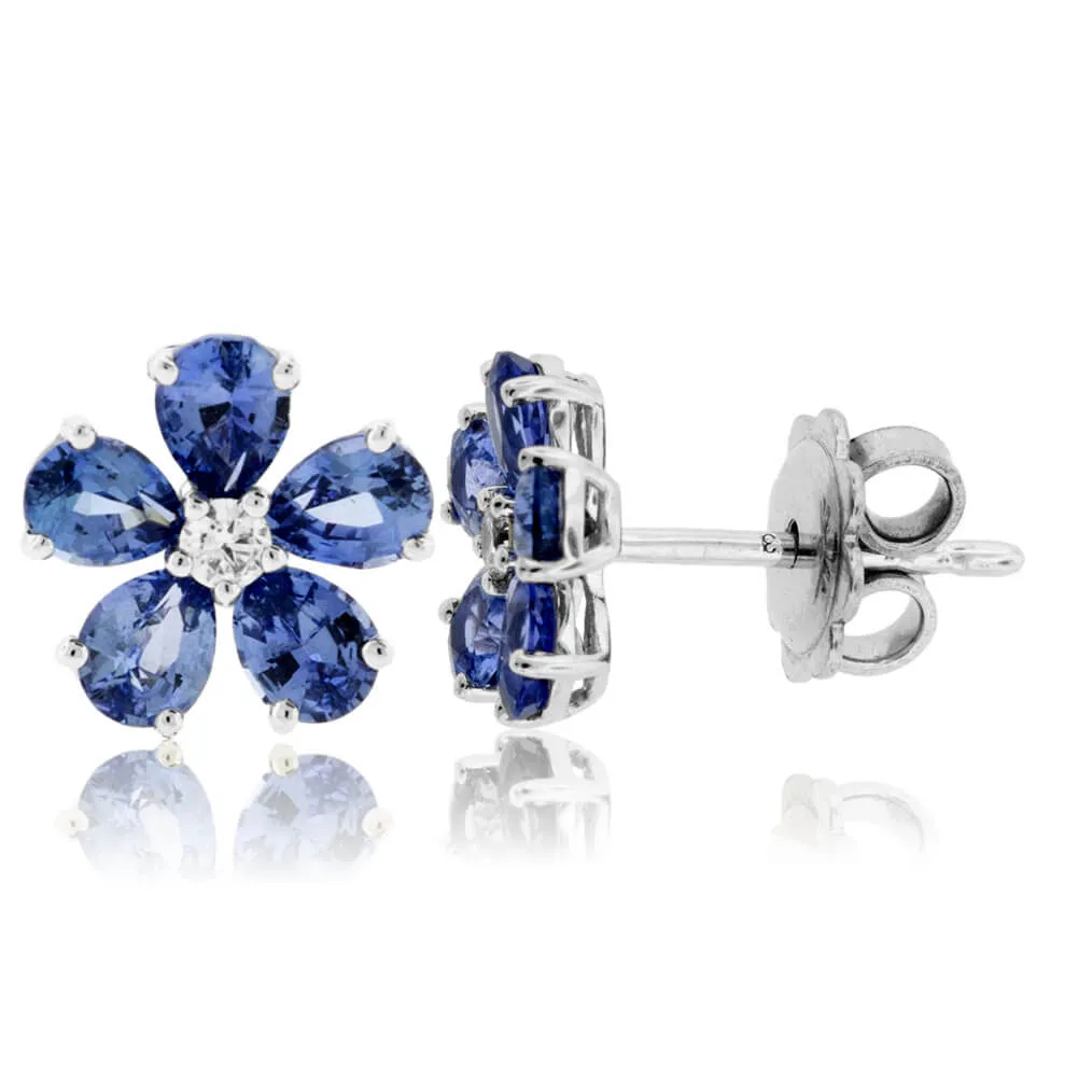 Pear Sapphire Flower with Diamond Accent Stud Earrings