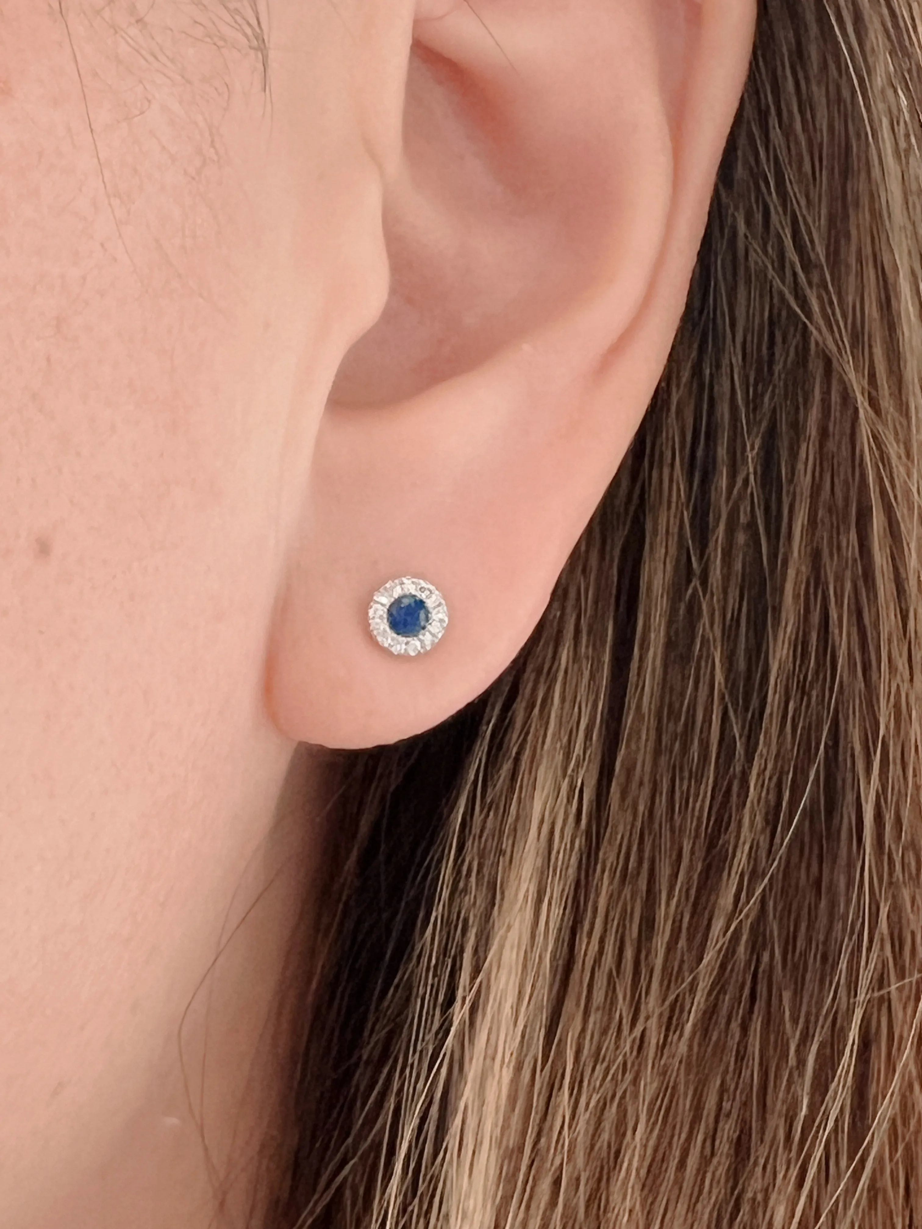 Petite Sapphire and Dia Halo Stud Earrings