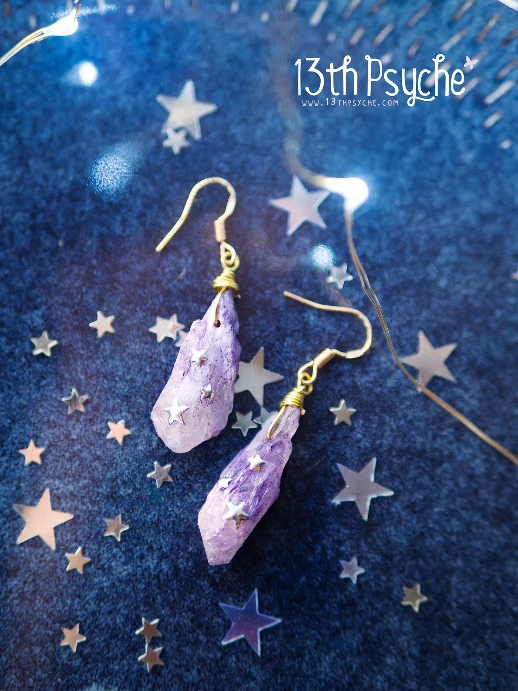 Purple raw stone earrings with silver stars