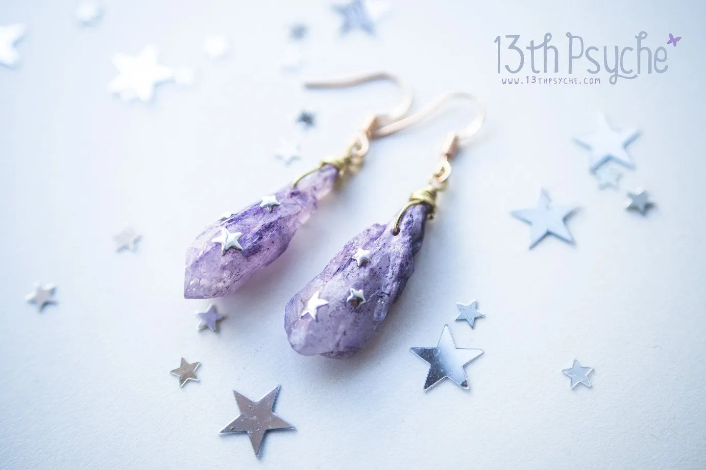 Purple raw stone earrings with silver stars