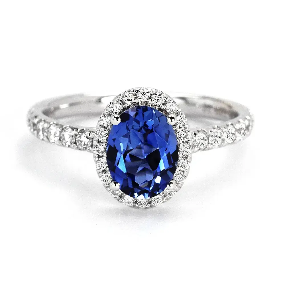 Ready Made | 1.6 Carat Royal Blue Oval Lab Grown Sapphire with Halo Ring in 18K White Gold