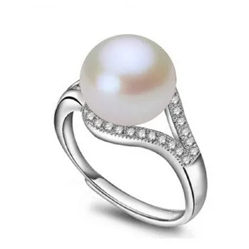 Real freshwater pearl ring for women adjustable ring with AAA zircon 9-10mm AAAA natural pearl