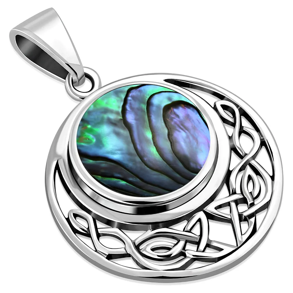 Round Celtic Knot Abalone Shell Silver Pendant