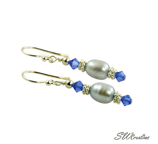 Sapphire Blue Crystal Pearl Beaded Earrings