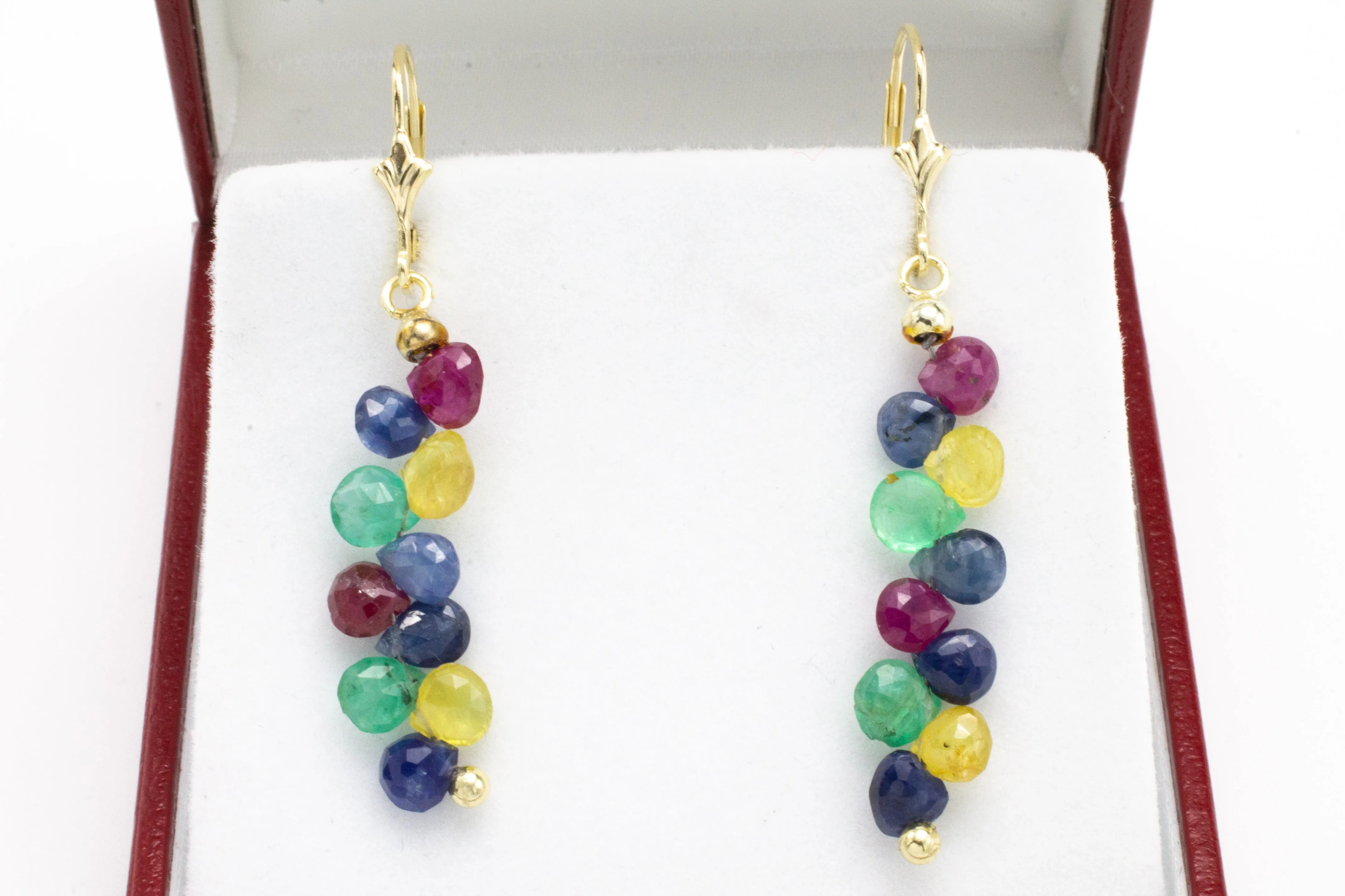 Sapphire, emerald and ruby pendant earrings