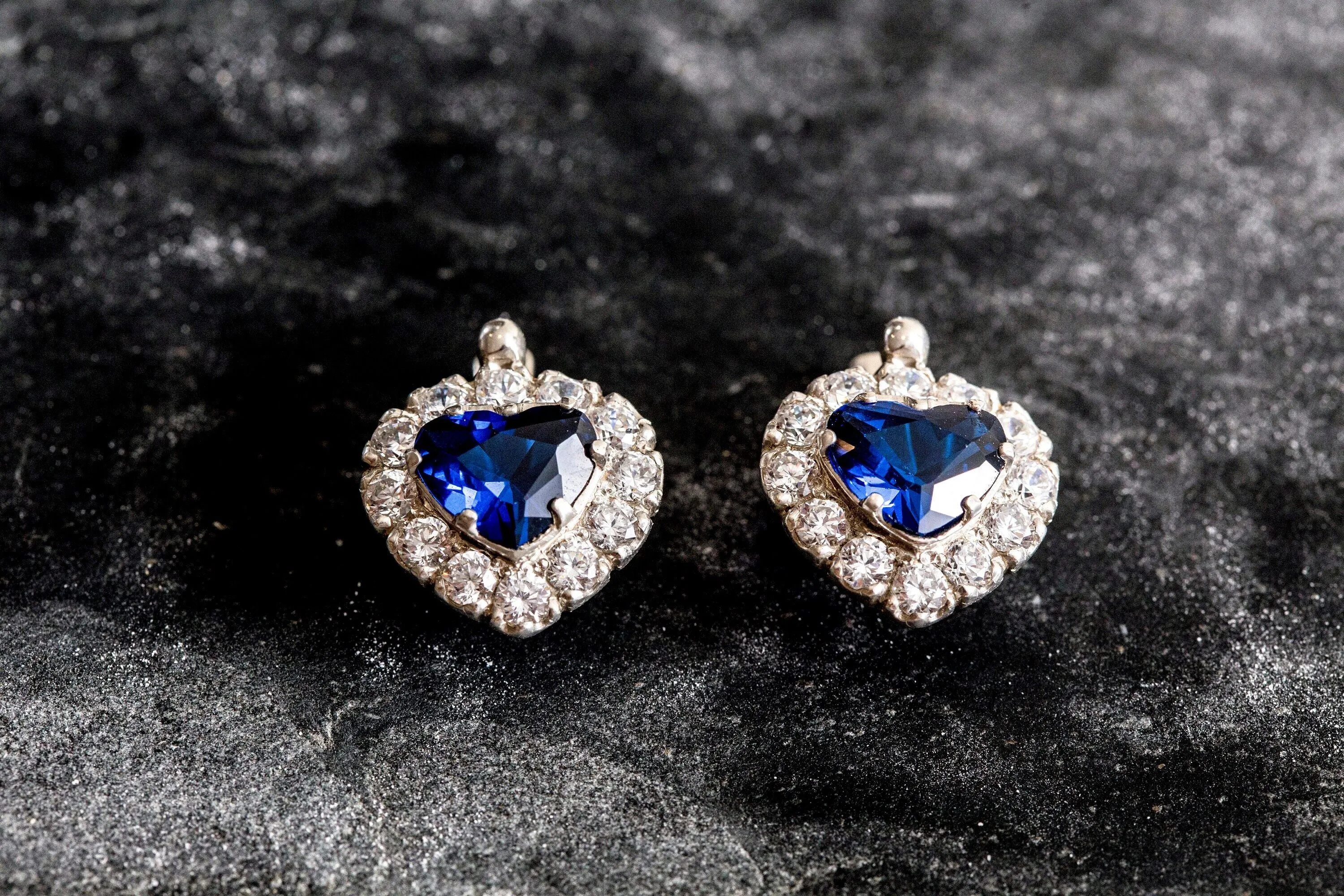 Sapphire Heart Earrings - Blue Heart Earrings, Blue Vintage Earrings