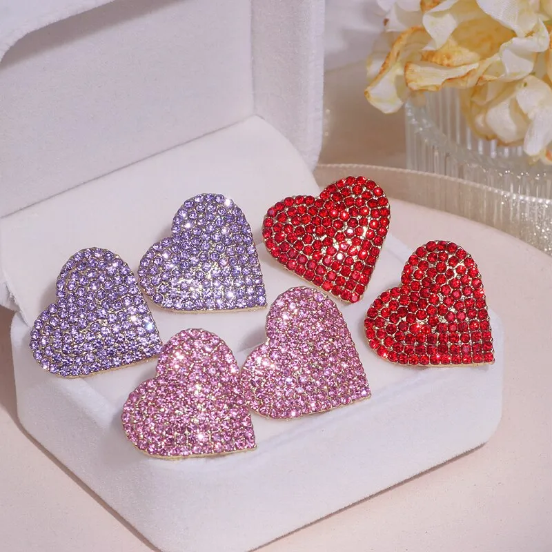 Sparkling Rhinestone Love Heart Shaped Earrings Dinner Party Stud Earring