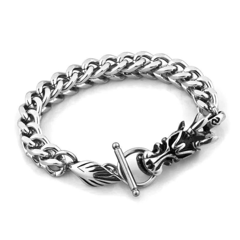 Stainless Steel Plated Silver Viking China Dragon Bangle Bracelet