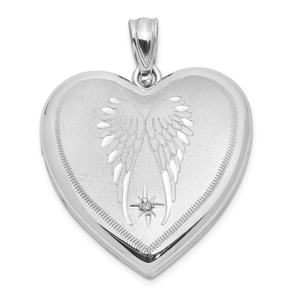 Sterling Silver Rhodium-plated Satin Diamond Wings 24mm Heart Locket