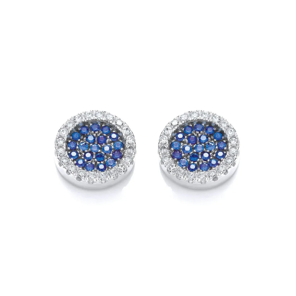 Sterling Silver Round Blue Sapphire CZ Pave Stud Earrings