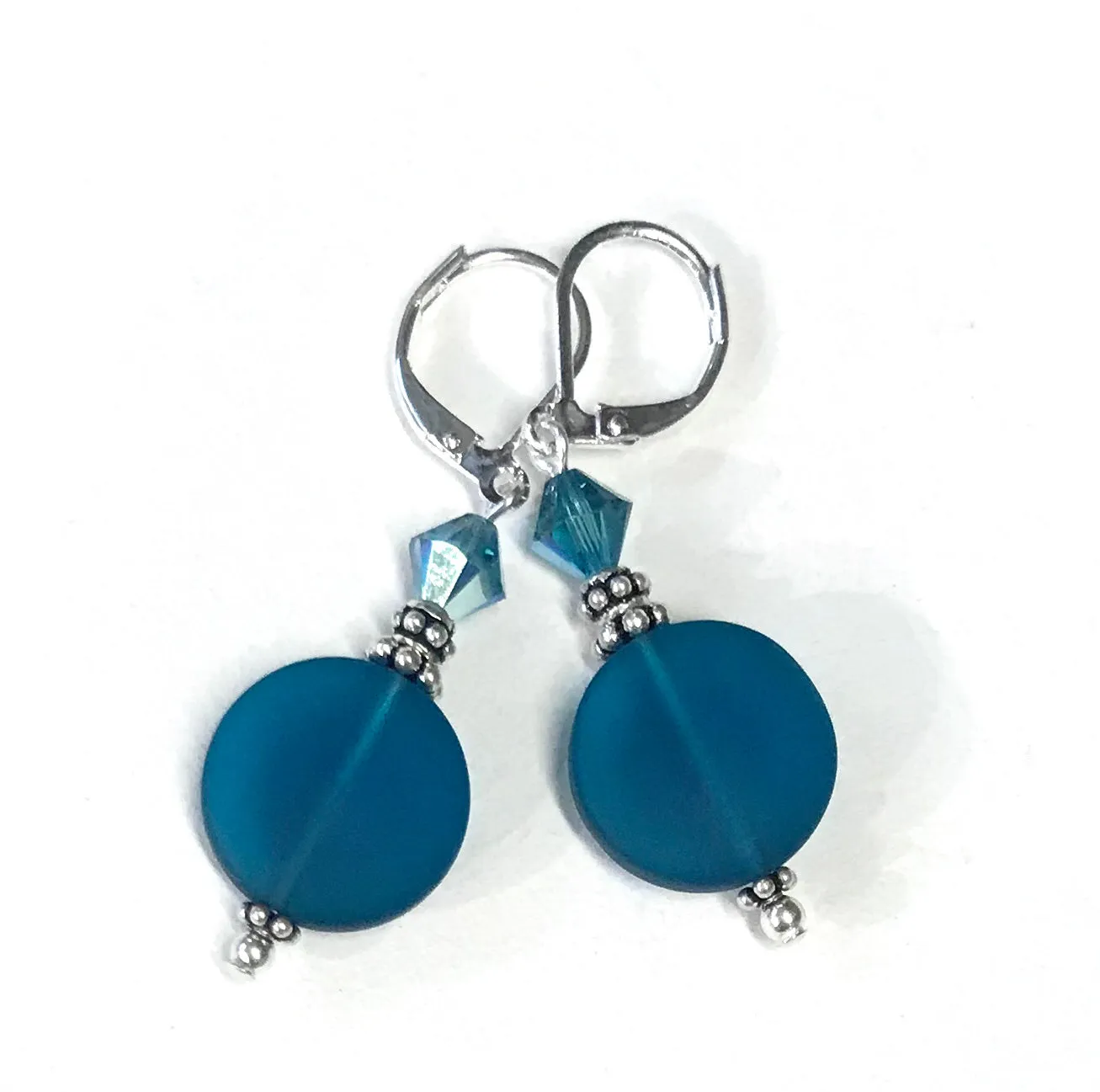 Teal Glass and Crystal Leverback Earrings