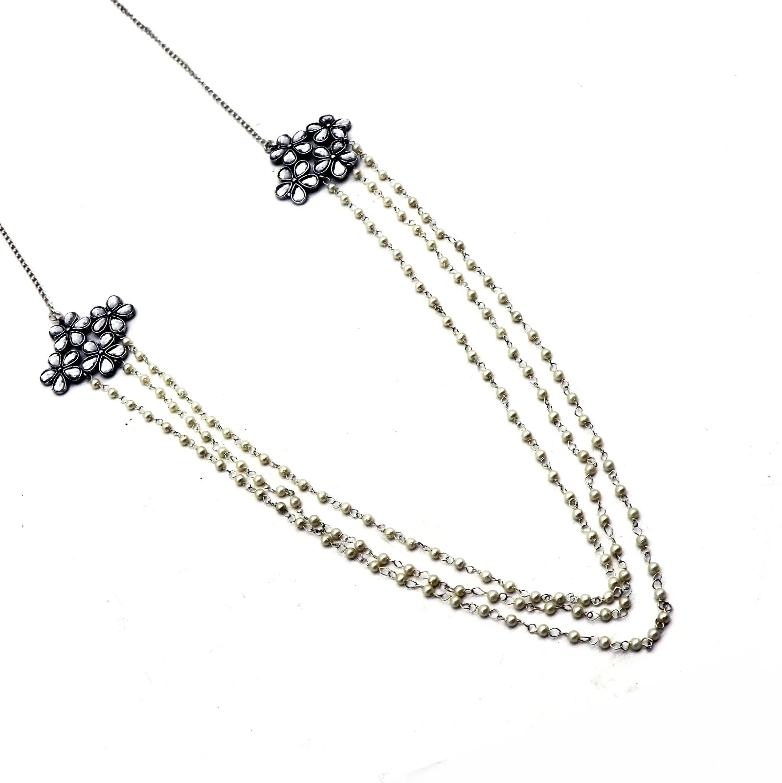 Teejh Garland Layered Pearl Polki Silver Oxidized Long Necklace