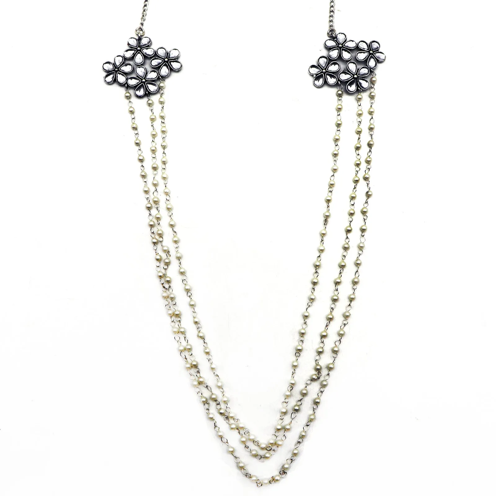 Teejh Garland Layered Pearl Polki Silver Oxidized Long Necklace