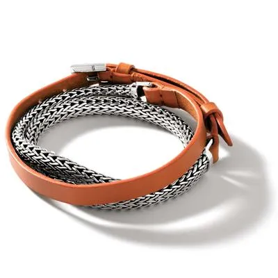 Triple Wrap Classic Chain Bracelet on Orange Leather