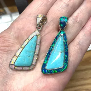 Turquoise and Lab Opal Inlay Pendants