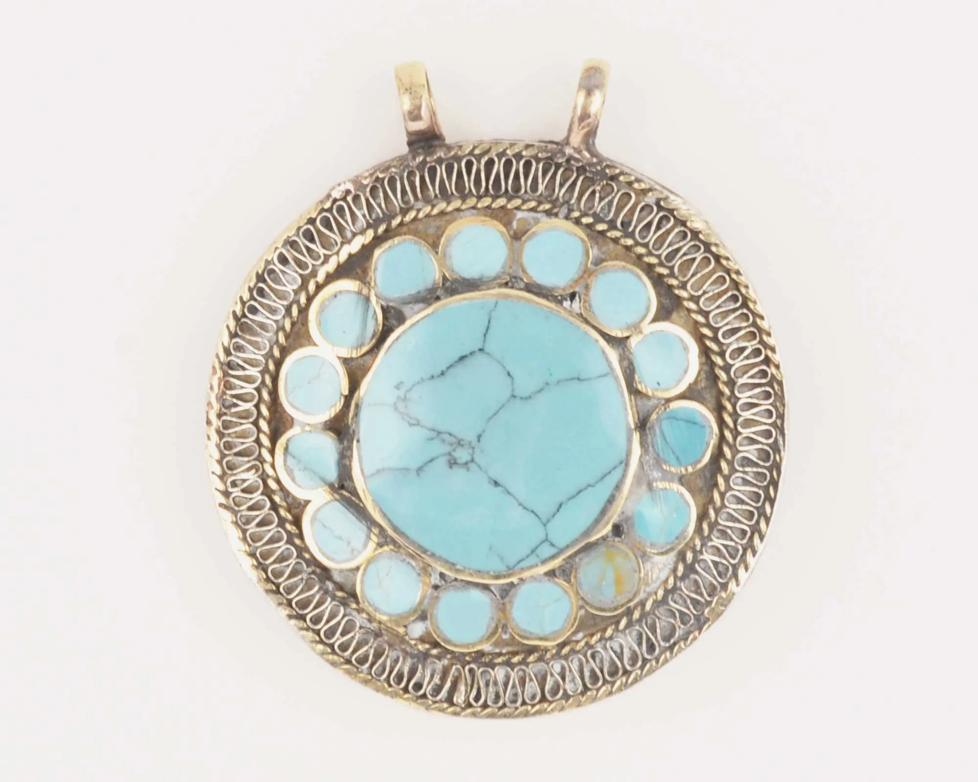 Vintage Pendants-Round Turquoise Blue-Inlaid Afghani Silver-Quantity 1