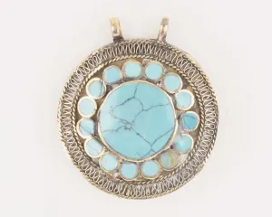 Vintage Pendants-Round Turquoise Blue-Inlaid Afghani Silver-Quantity 1