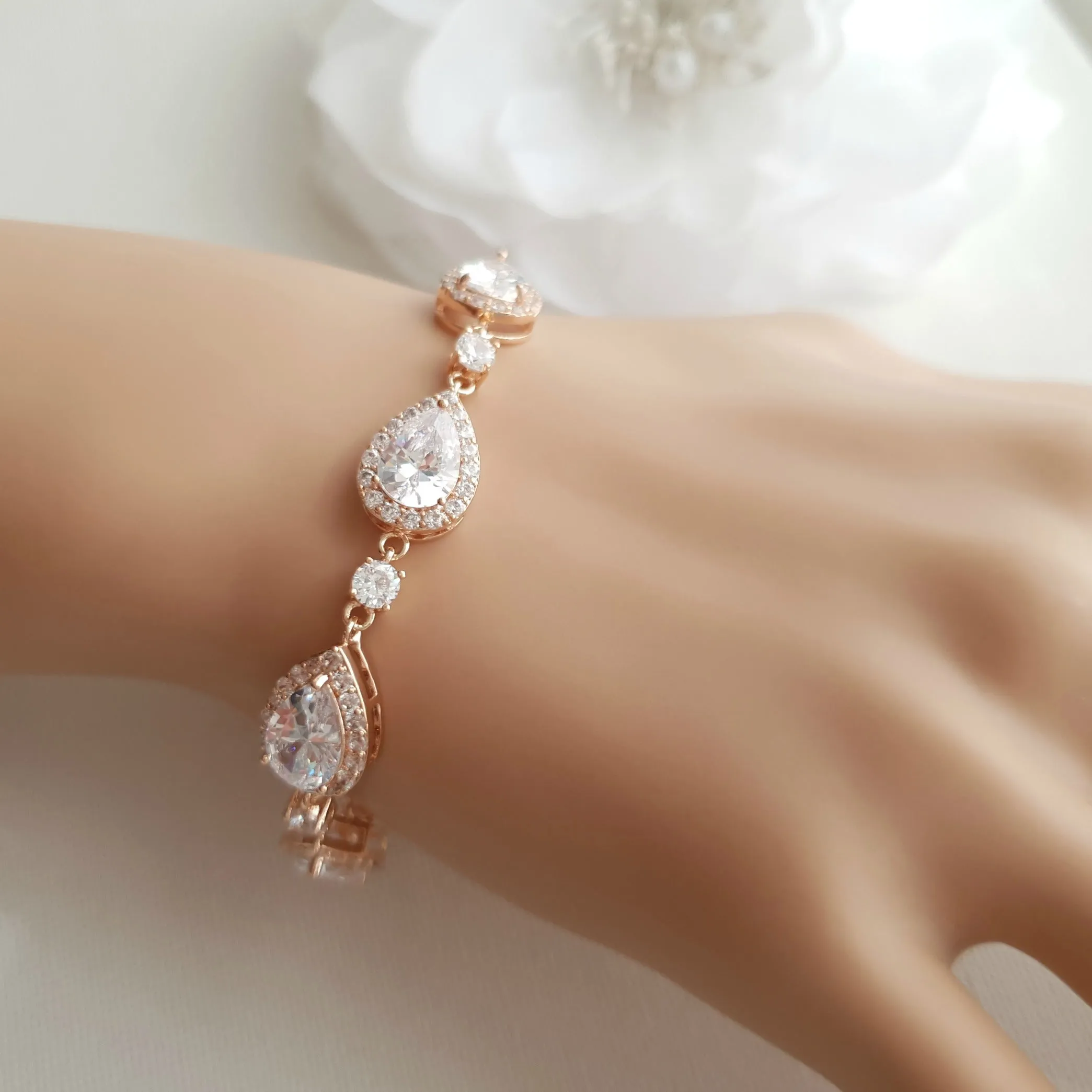 Wedding Bracelet for Brides in Teardrop Shape Cubic Zirconia Crystals-Emma