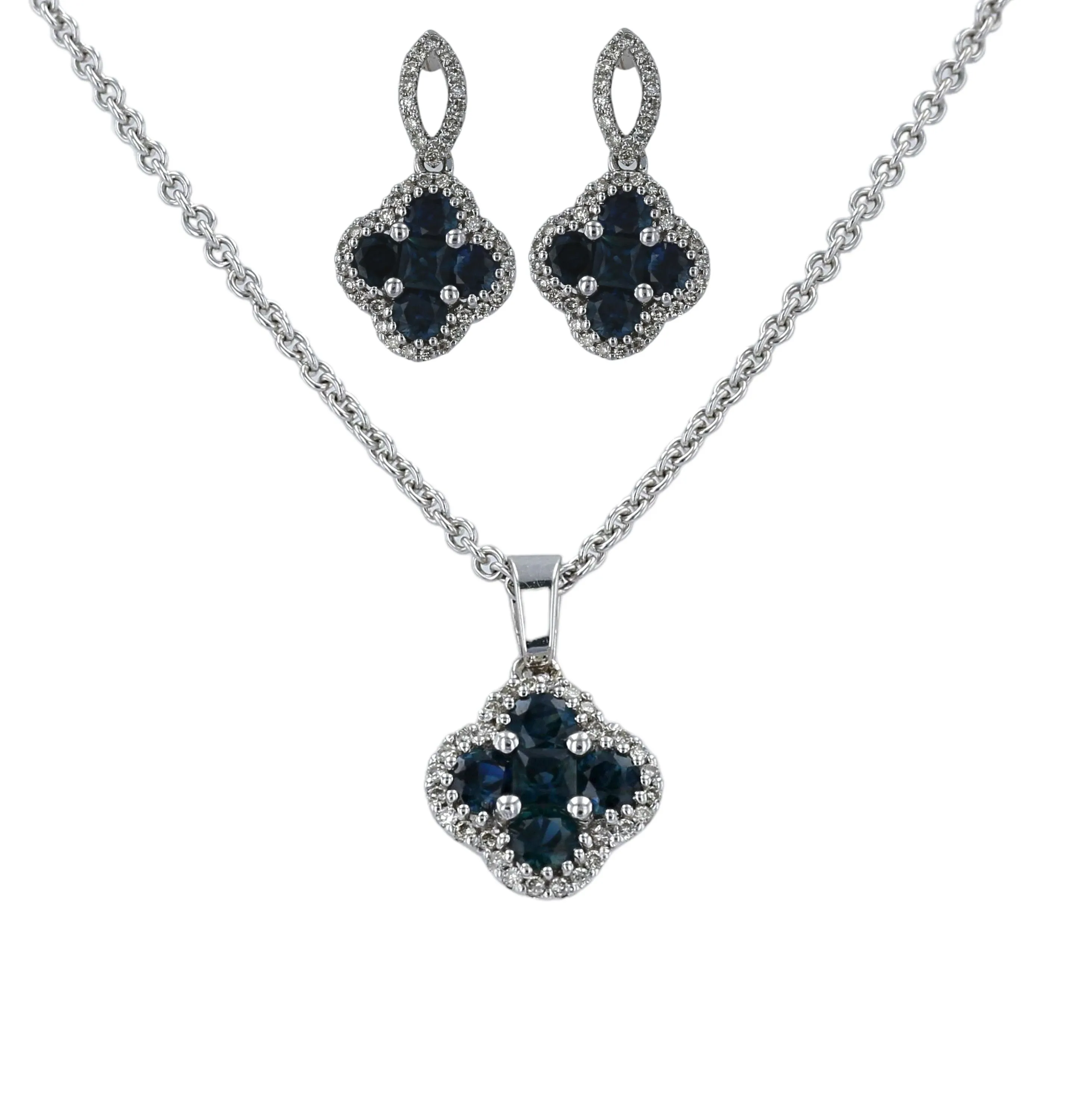 White 18k necklace pendant clover and earrings 14k blue sapphire set-22220