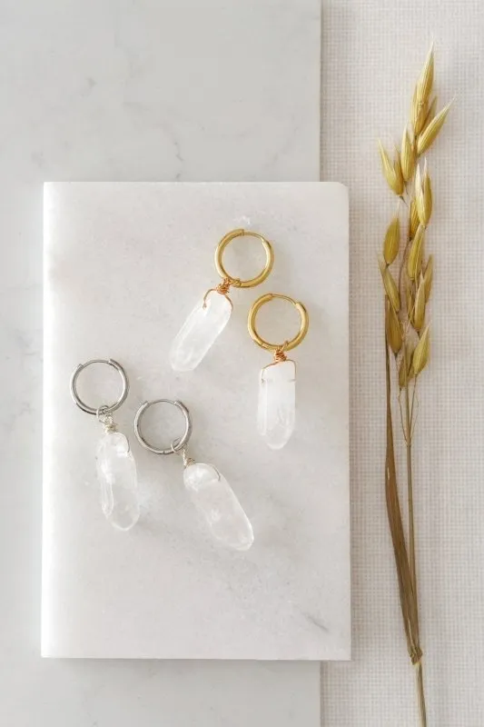 Xander Kostroma - Quartz Crystal Hoop Earrings in Silver for Women - Enhances Healing and Style - Handcrafted Unique Jewelry - 4.5-6.5cm Length - Perfect Gift for Elegance and Balance